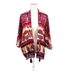 NWT Moon Orchid Kimono Boho Floral Red Brown M